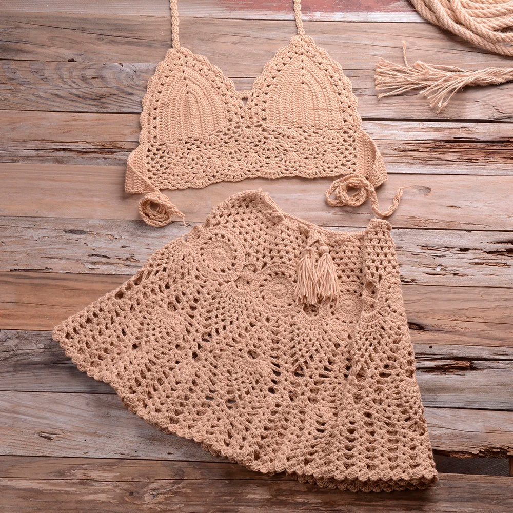 Liora Crochet Halter Bikini Cover Up Set