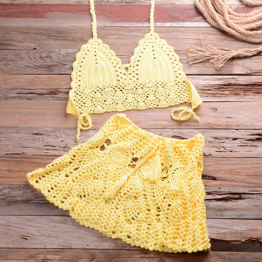 Liora Crochet Halter Bikini Cover Up Set