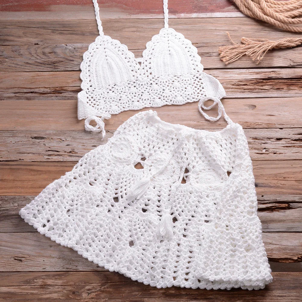 Liora Crochet Halter Bikini Cover Up Set