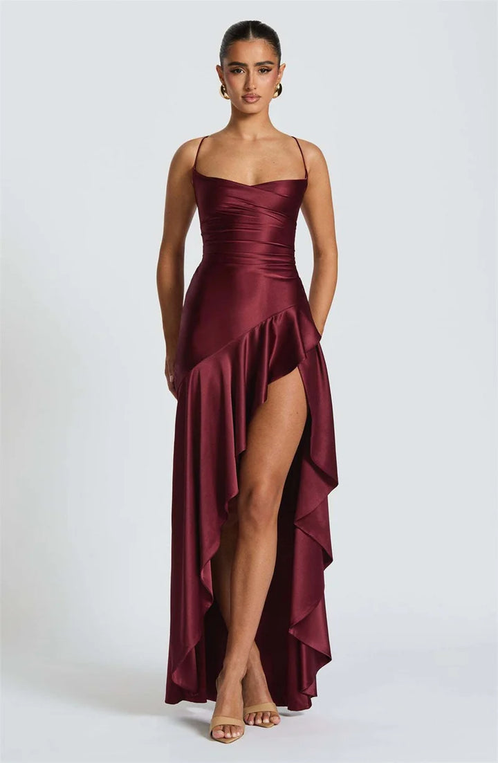 Midnight Satin Ruffle Maxi Long Dress