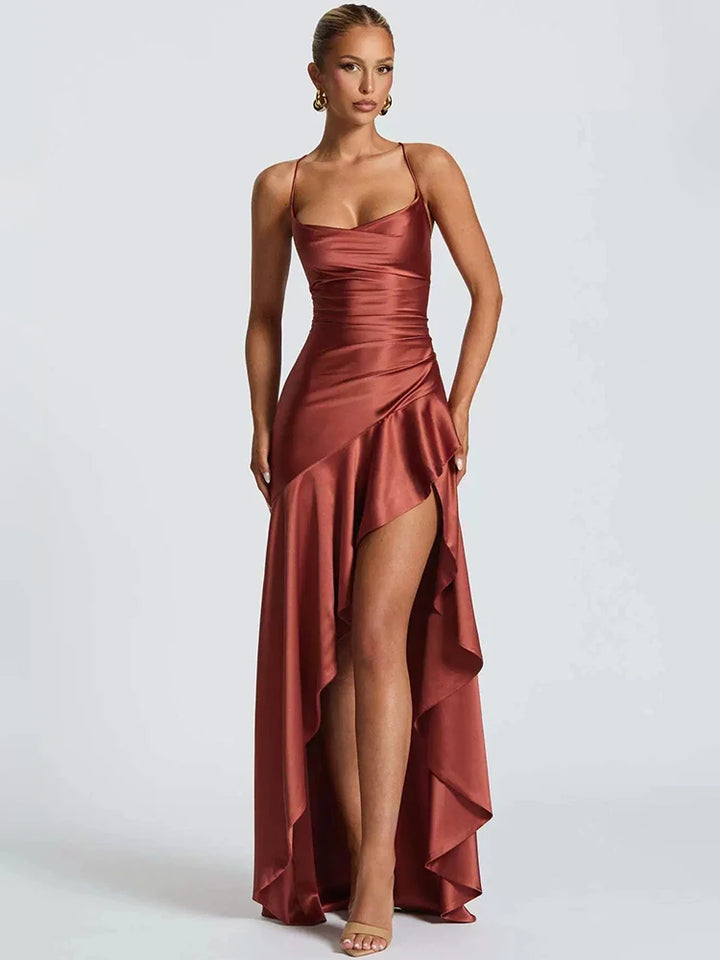 Midnight Satin Ruffle Maxi Long Dress
