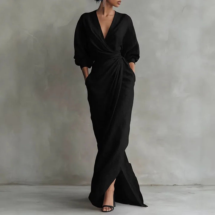 Linda V Neck Wrap Waist Long Dress
