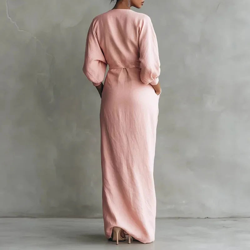 Linda V Neck Wrap Waist Long Dress