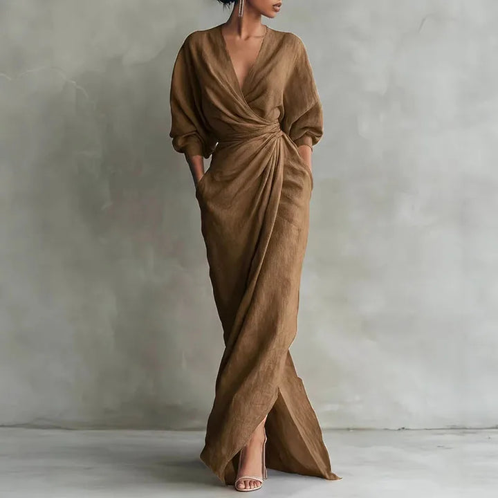 Linda V Neck Wrap Waist Long Dress