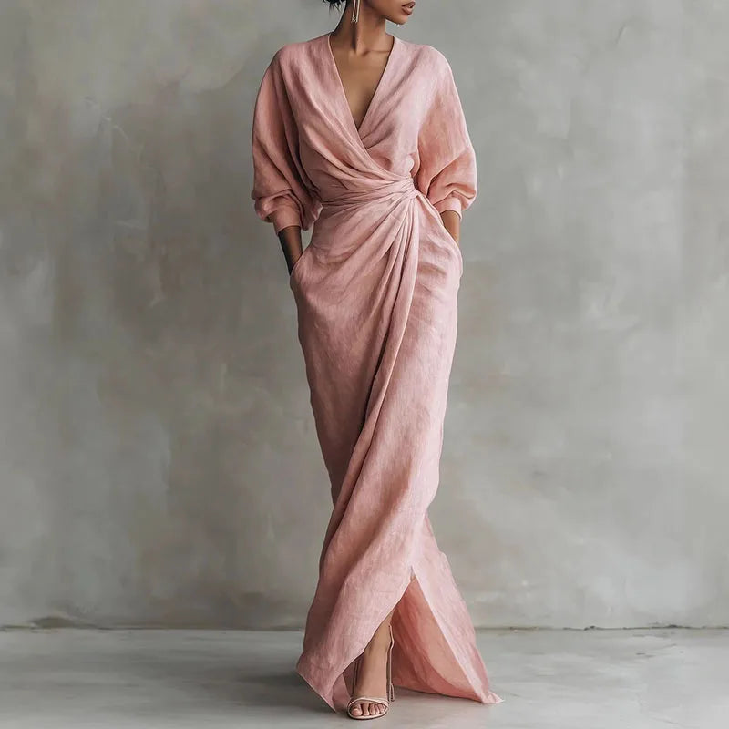 Linda V Neck Wrap Waist Long Dress