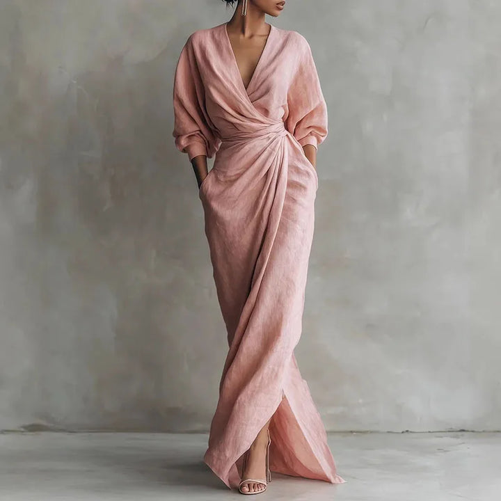 Linda V Neck Wrap Waist Long Dress