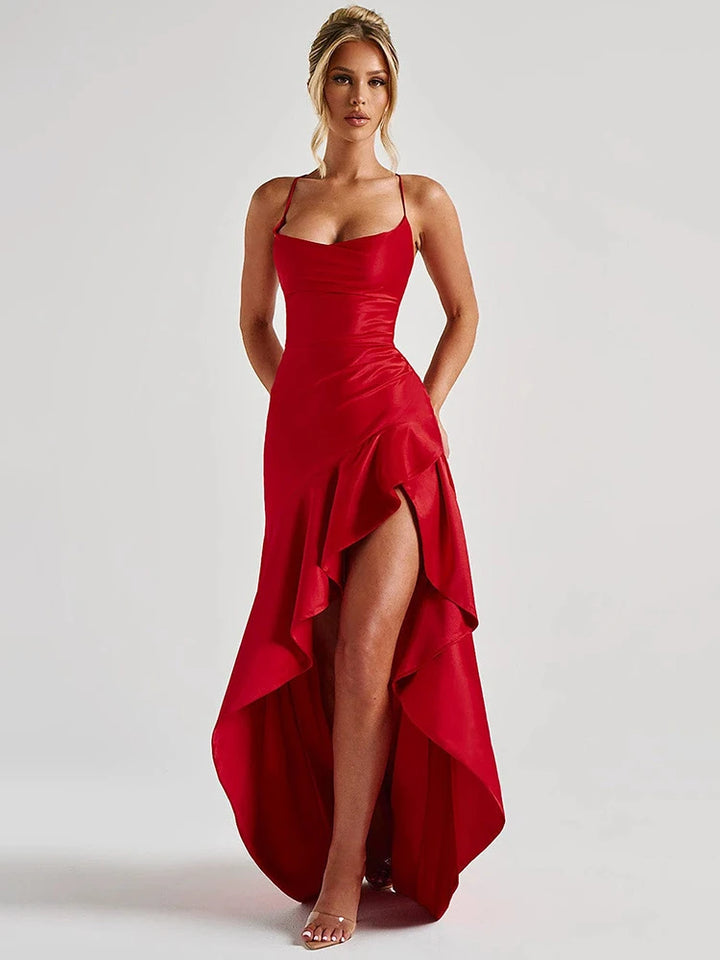 Midnight Satin Ruffle Maxi Long Dress