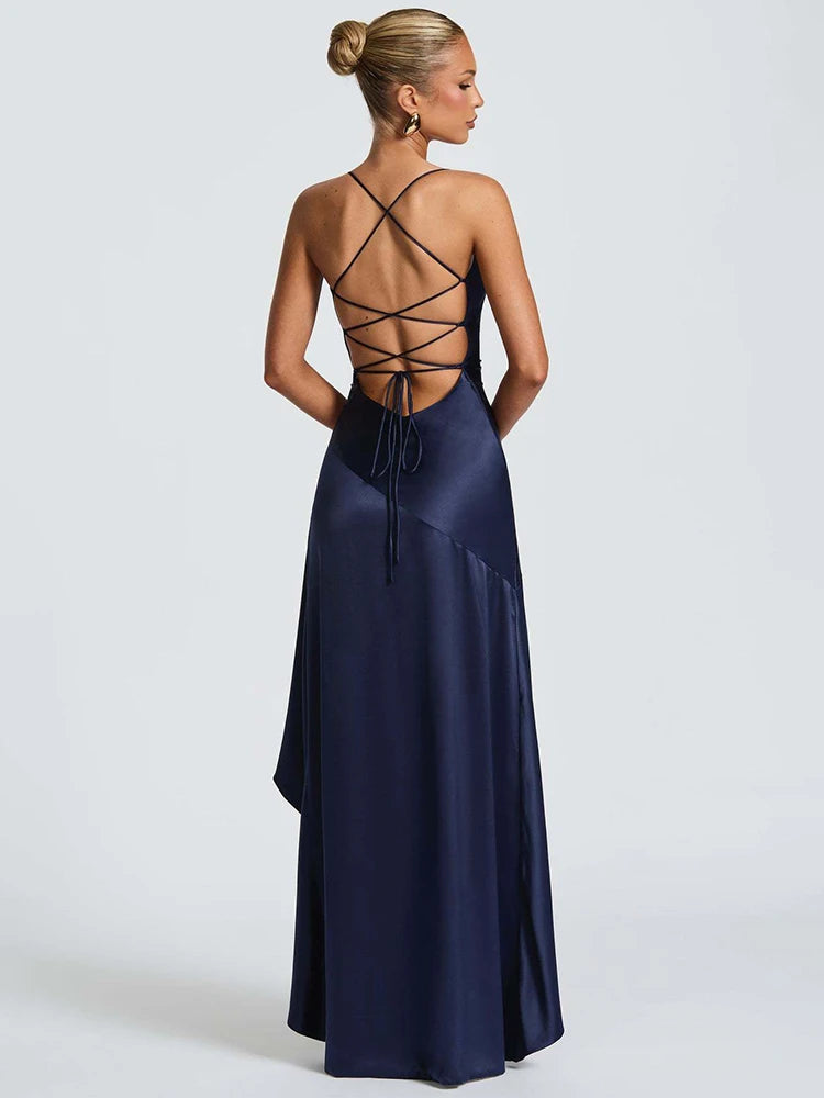 Midnight Satin Ruffle Maxi Long Dress