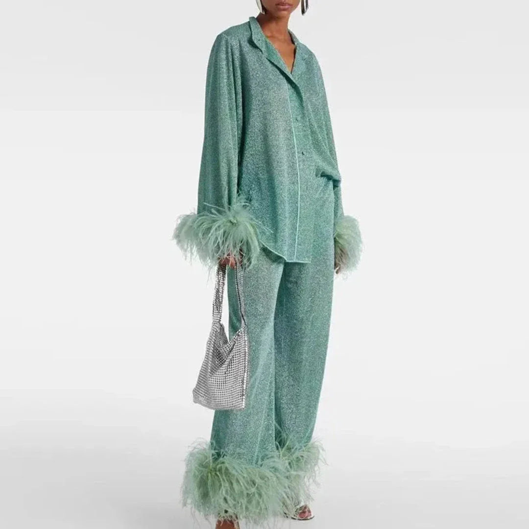 Mandana Women Luxe Feather-Trim Matching Set