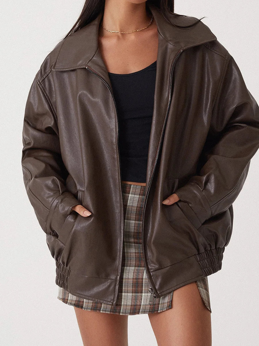 Suzane Women's Oversized Leather Bomber Jacket